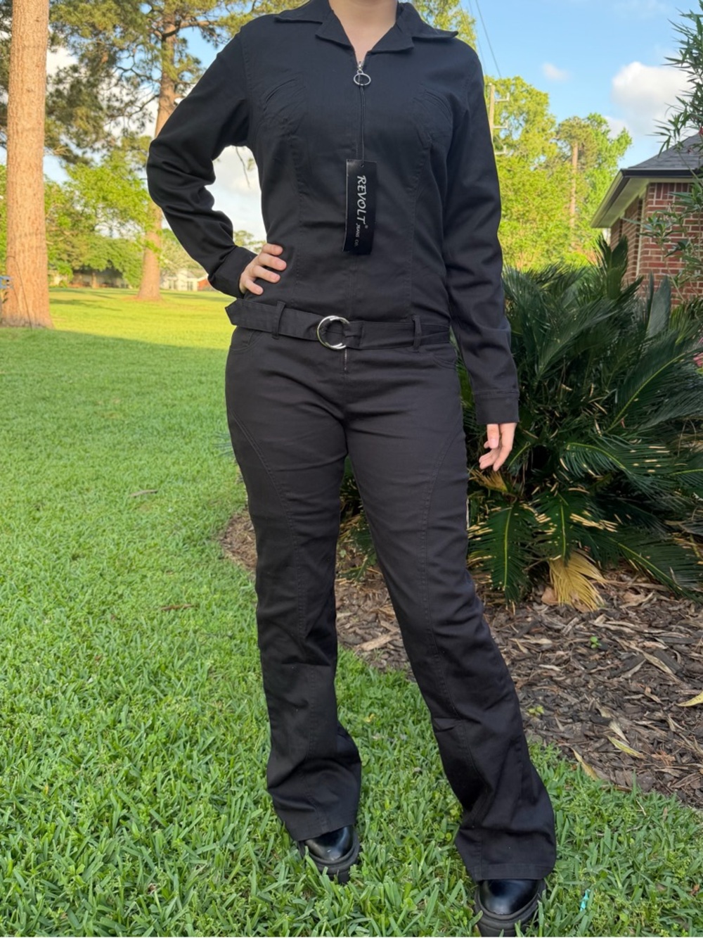 Vintage 90s Revolt Jeans Co Black Utility Jumpsuit Belted Stretch Coverall Small
